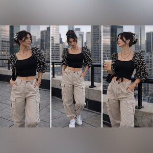 Anthropologie Black Floral Puff Sleeve top small Ribbed knit NWT $98